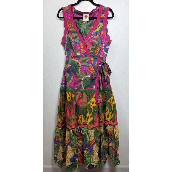 (T7) FARM RIO Wrap dress with painted toucan print. Long dress, tiered , size L - Picture 2 of 15